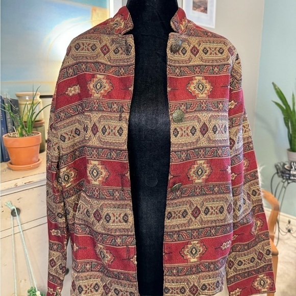 Vintage Tapestry Jacket Krista Koeppe M Cotton Red Gold Button Front Grannycore - Picture 2 of 7